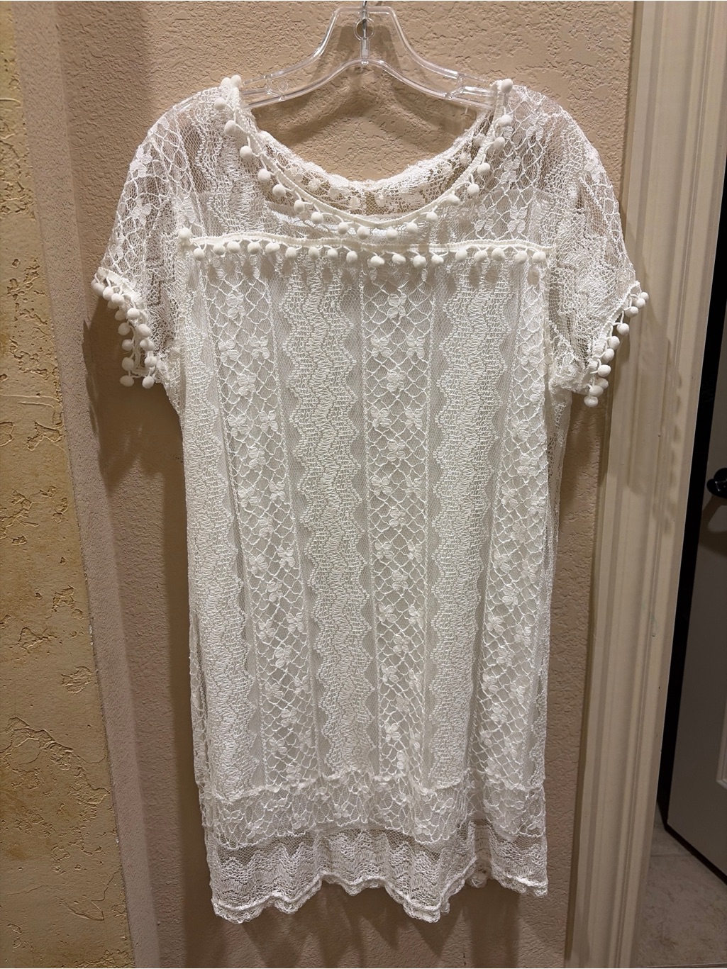 White Lace Pom-Pom Trim Dress